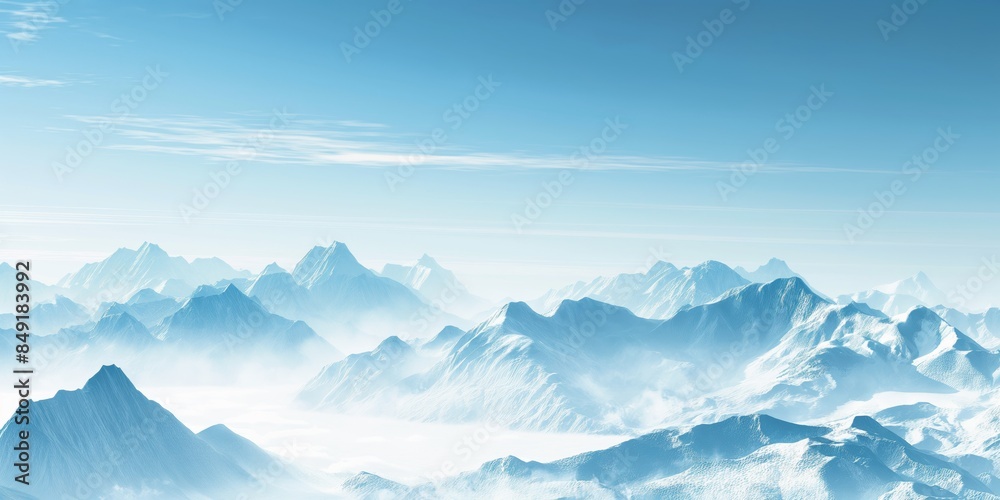 Serene snowy mountain range with a light blue haze enhancing its vastness Serene snowy mountain range with a light blue haze enhancing its vastness