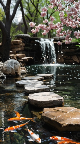 a pond with a waterfall and a bunch of fish in it