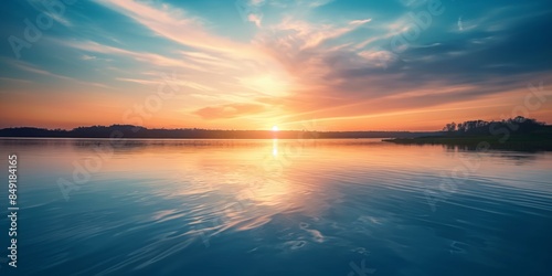 A serene sunset with warm colors setting over a still lake reflecting the sun and the silhouetted landscape