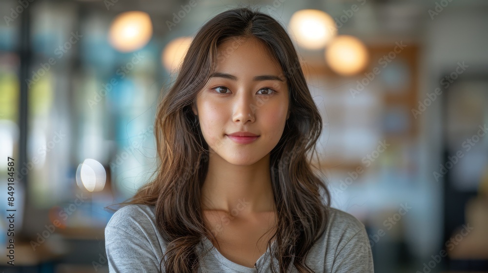A portrait of a beautiful young Asian woman with a warm smile, taken indoors with soft lighting A portrait of a beautiful young Asian woman with a warm smile, taken indoors with soft lighting