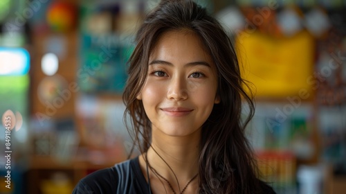 Wallpaper Mural A smiling Asian woman with a captivating smile posing in a café setting, portraying a sense of ease and contentment Torontodigital.ca