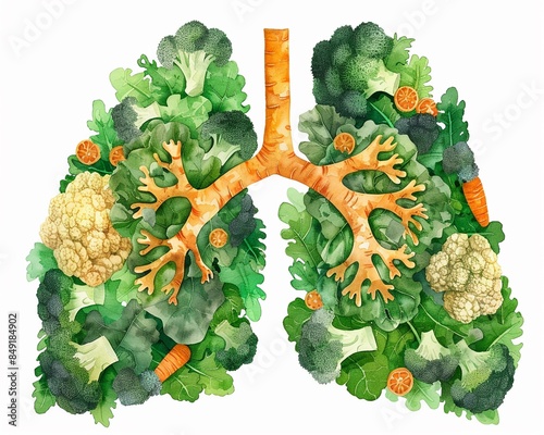 Healthy lungs composed of broccoli florets and cauliflower, bronchi as carrot sticks, Watercolor, natural tones, healththemed photo