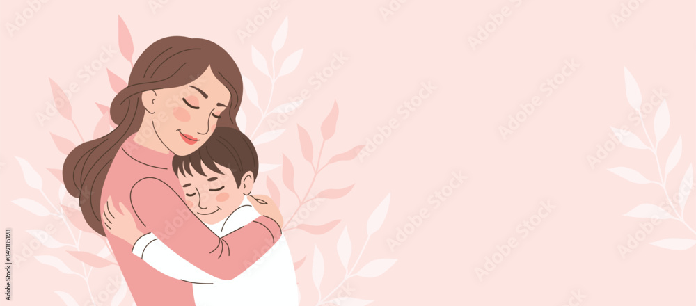 Mom hugs her son. Motherhood, parenthood. Woman with child. Mother's day banner, card. Vector cartoon illustration in flat style.Banner with space for text Mom hugs her son. Motherhood, parenthood. Woman with child. Mother's day banner, card. Vector cartoon illustration in flat style.Banner with space for text