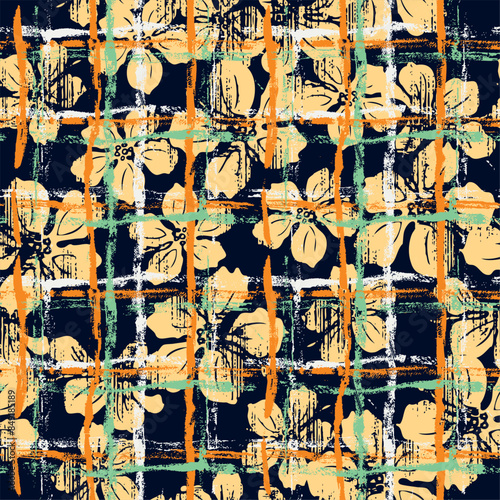 Abstract hibiscus flowers and stylized and brushed tartan plaid grunge vector seamless pattern for fabric shirt beach towel tablecloth pillow wrapping