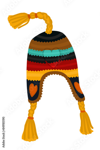 Bright warm knitted striped hat with tassels. Vector isolated illustration