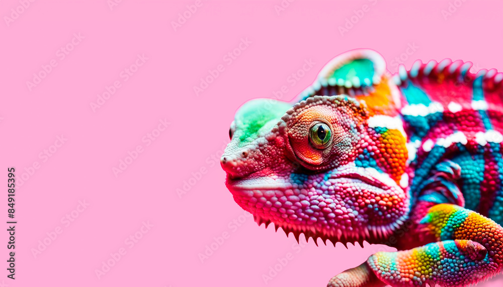 Close-up portrait of a chameleon looking at the camera on a pink background