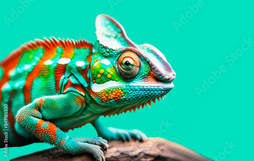 Close-up portrait of a chameleon looking at the camera on a green background photo