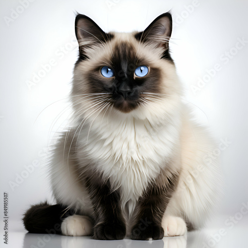 Ragdoll cat with blue eyes sitting on a white background