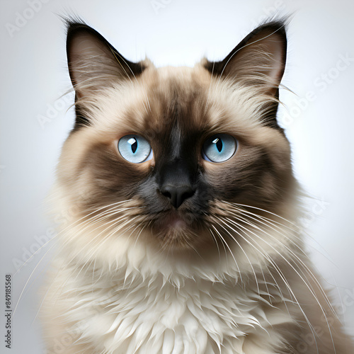 Portrait of a cat with blue eyes on a gray background. © Wazir Design