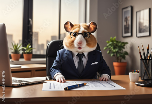 Hamster in suit sits at off...