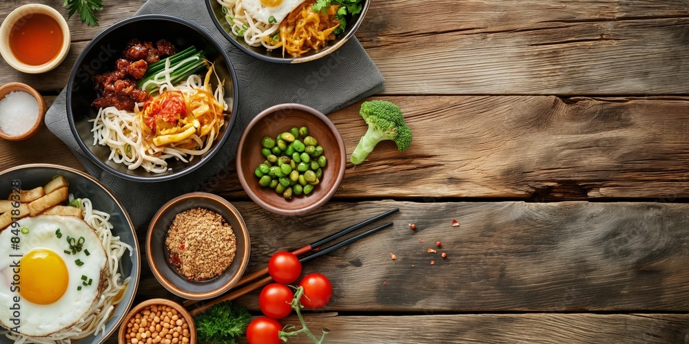 An assortment of delicious Asian cuisine viewed from above on a rustic wooden surface