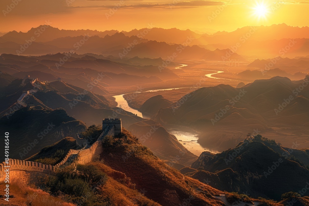 Naklejka premium The Great Wall of China at sunrise on a sunny day with a beautiful view for landscape photography. 