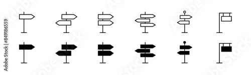Signpost icon set. Road signpost. Line and glyph direction signpost