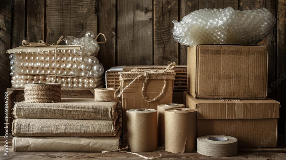 Obraz premium A neatly arranged set of cardboard boxes and packing supplies