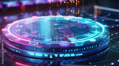 a 3d render of futuristic holographic digital hologram on a Hi-Tech table