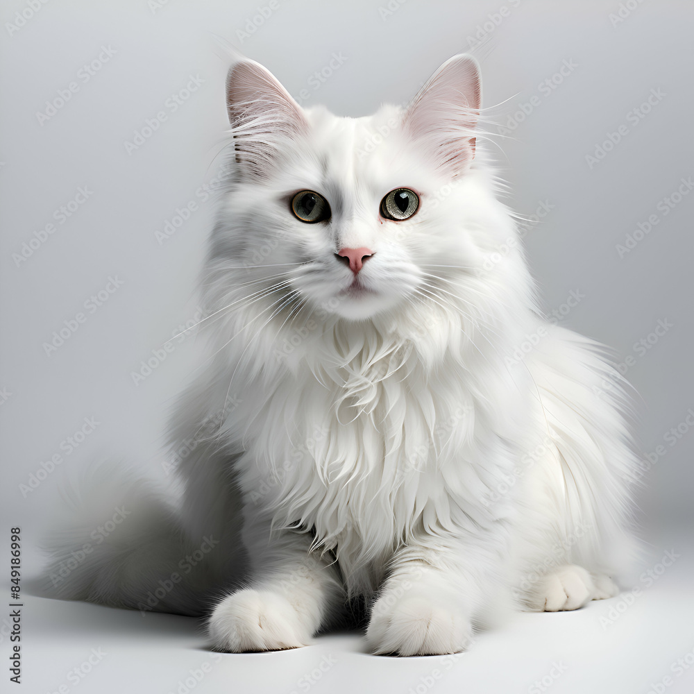 Beautiful white cat with blue eyes. Studio shot. Isolated on grey background. Beautiful white cat with blue eyes. Studio shot. Isolated on grey background.