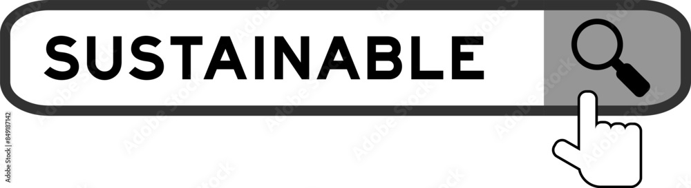 Search banner in word sustainable with hand over magnifier icon on white background Search banner in word sustainable with hand over magnifier icon on white background