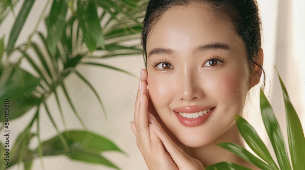 High-quality crop photo of skincare and cosmetics concept with copy space for text. Asian Woman with a beautiful face touching healthy facial skin. Beautiful happy Asian girl model with natural glow High-quality crop photo of skincare and cosmetics concept with copy space for text. Asian Woman with a beautiful face touching healthy facial skin. Beautiful happy Asian girl model with natural glow
