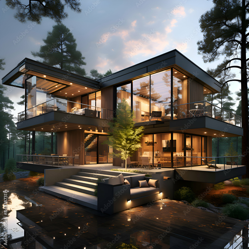 3d rendering of modern cozy house with parking and pool for sale or rent with wood plank facade. Clear summer night with shiny light from window.