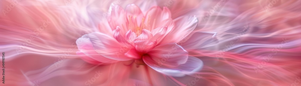 Abstract, dreamy pink lotus flower with swirling, ethereal petals and a soft, serene glowing light. Perfect for backgrounds or meditation themes.