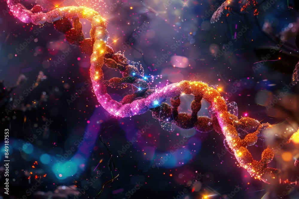 Abstract close-up of a colorful DNA strand with glowing lights, highlighting the intricacies of genetic structure in a vibrant, artistic representation. Abstract close-up of a colorful DNA strand with glowing lights, highlighting the intricacies of genetic structure in a vibrant, artistic representation.