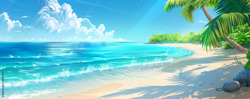 Obraz premium Summer background with a tranquil beach, clear blue water, and swaying palm trees: Idyllic and serene, ideal for a tropical paradise