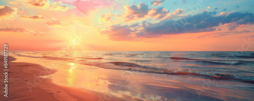 Summer background with a vibrant sunset over a calm beach, hues of orange and pink in the sky: Dramatic and serene, ideal for a sunset beach scene