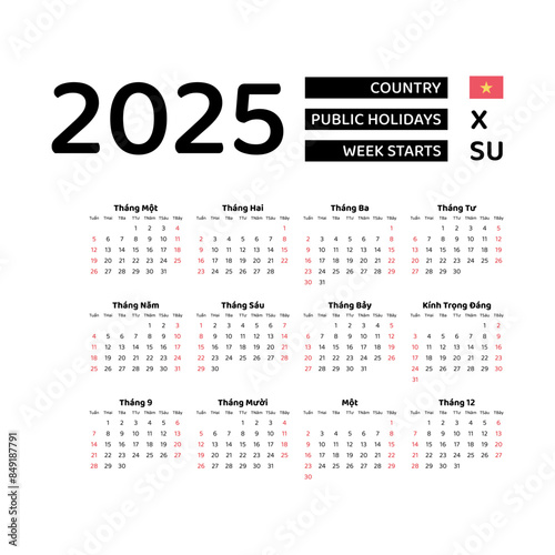 Vietnam Calendar 2025. Week starts from Sunday. Vector graphic design. Vietnamese language.