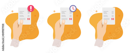 Bill receipt holding person hand icon vector, invoice fraud suspicious payment graphic illustration set, pay money pending delay status image clip art