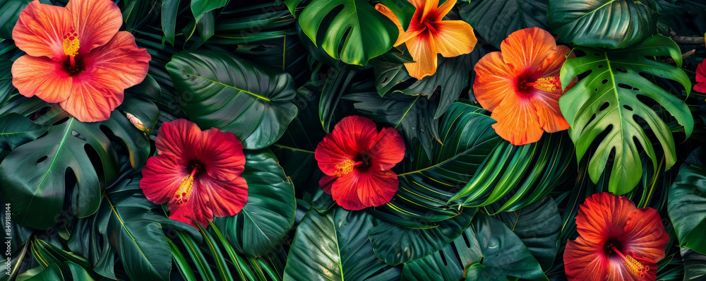 Tropical background featuring a mix of bright red and orange hibiscus flowers and lush green foliage: Colorful and lively, ideal for a summery vibe Tropical background featuring a mix of bright red and orange hibiscus flowers and lush green foliage: Colorful and lively, ideal for a summery vibe