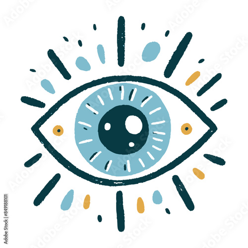 Childlike drawing of blue eye with long black lashes and golden highlights. Vector illustration.