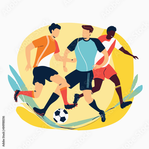 Three diverse male soccer players engaged intense match, battling ball possession. Dynamic sports scene, featuring athletic figures, vibrant flat colors, football gameplay illustration. Multiracial