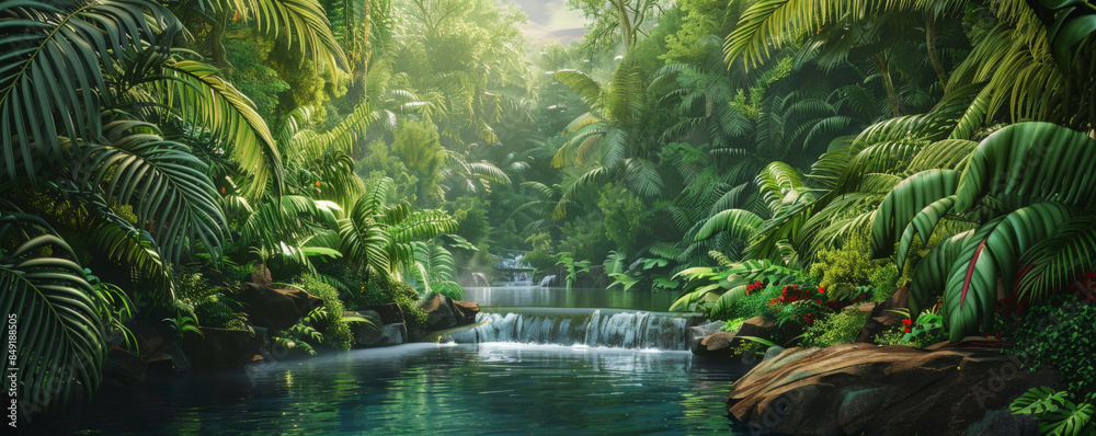 Tropical background with a serene river flowing through a dense jungle: Tranquil and lush, ideal for a jungle escape Tropical background with a serene river flowing through a dense jungle: Tranquil and lush, ideal for a jungle escape