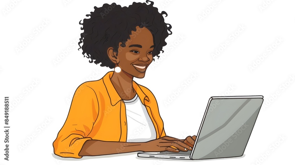 Smiling African American Woman Working on Laptop Computer at Desk Smiling African American Woman Working on Laptop Computer at Desk