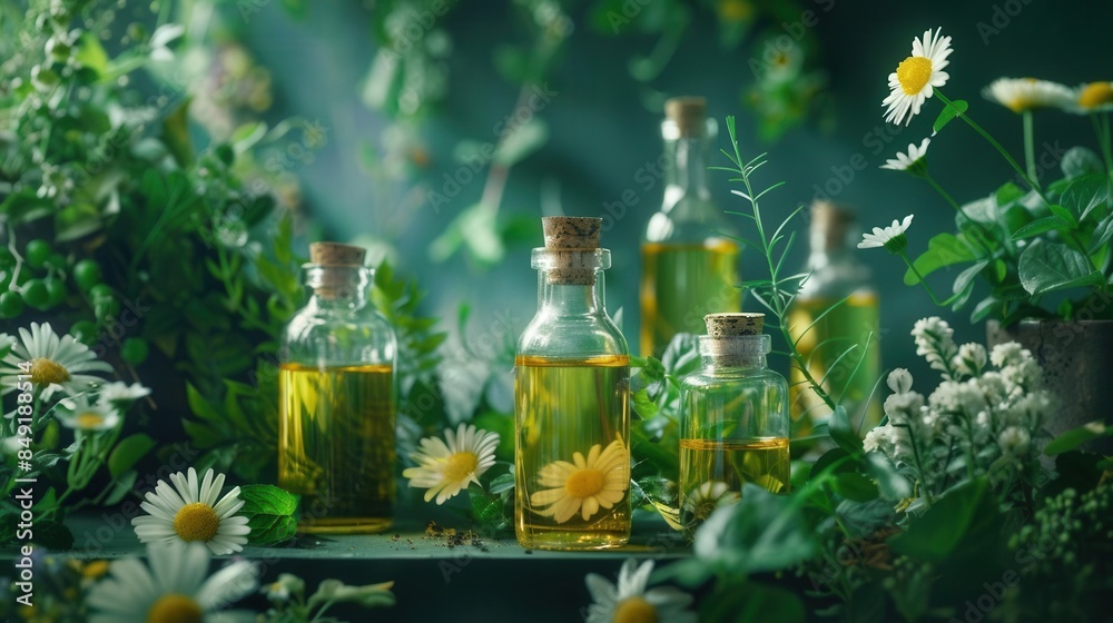 Bottles of essential oils surrounded by fresh, green herbs and blooms, capturing the essence of nature and natural wellness.
