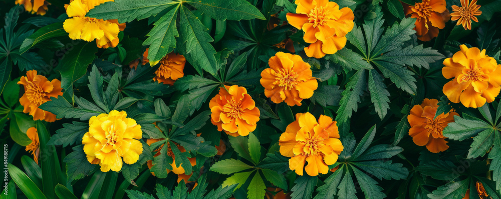Tropical background with bright yellow and orange marigolds and rich green foliage: Bold and colorful, perfect for a vibrant garden scene Tropical background with bright yellow and orange marigolds and rich green foliage: Bold and colorful, perfect for a vibrant garden scene