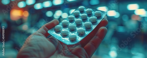 Close-up of a hand holding a blister pack of tablets in a brightly lit environment, with a blurred background capturing pharmaceutical context.