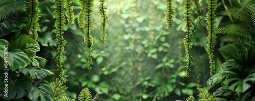 Tropical background with lush green ferns and cascading vines: Dense and vibrant, ideal for a jungle theme