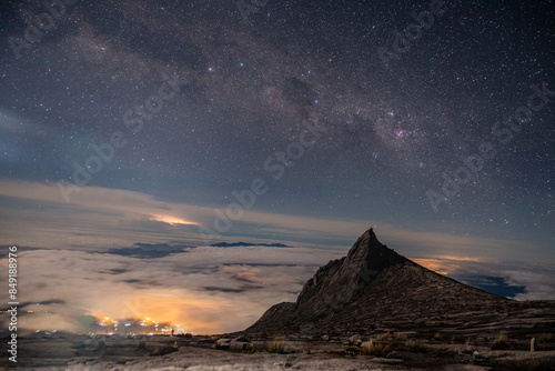 Mount Kinabalu peak with light of sunrise on Mount   trip travel, hiking in Kinabalu national park. Kota kinabalu - Malaysia.
