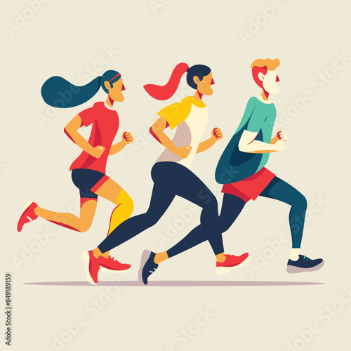 Three runners engaged exercise, demonstrating fitness movement, showing diversity sport, runner displays unique running attire athleticism during marathon race. Illustration captures motion
