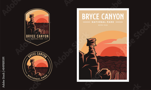 Set of Bryce Canyon National Park graphic illustration badge poster vector