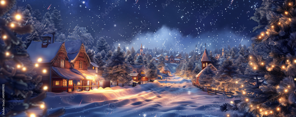 Whimsical winter background with a snowy village, twinkling lights, and a clear night sky. Whimsical winter background with a snowy village, twinkling lights, and a clear night sky.