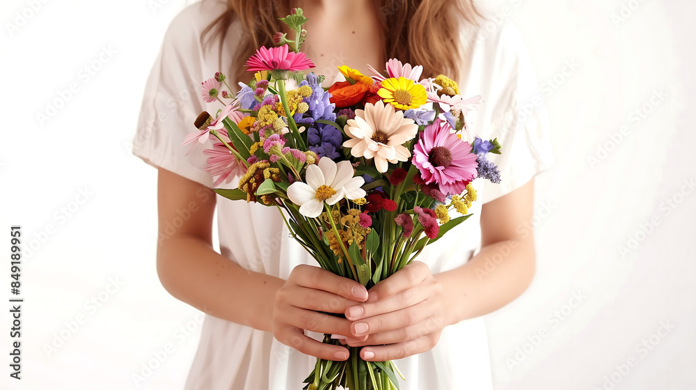 woman holding colorful wildflowers in her hands against a white background woman holding colorful wildflowers in her hands against a white background