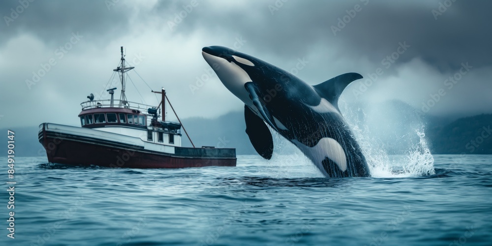 Obraz premium A powerful orca whale breaches the ocean's surface next to an old fishing boat, amidst foggy weather