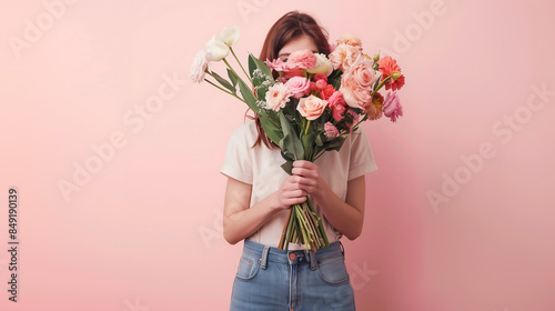 woman holding flowers and hiding her face behind them on a pink background, studio shot, copy space