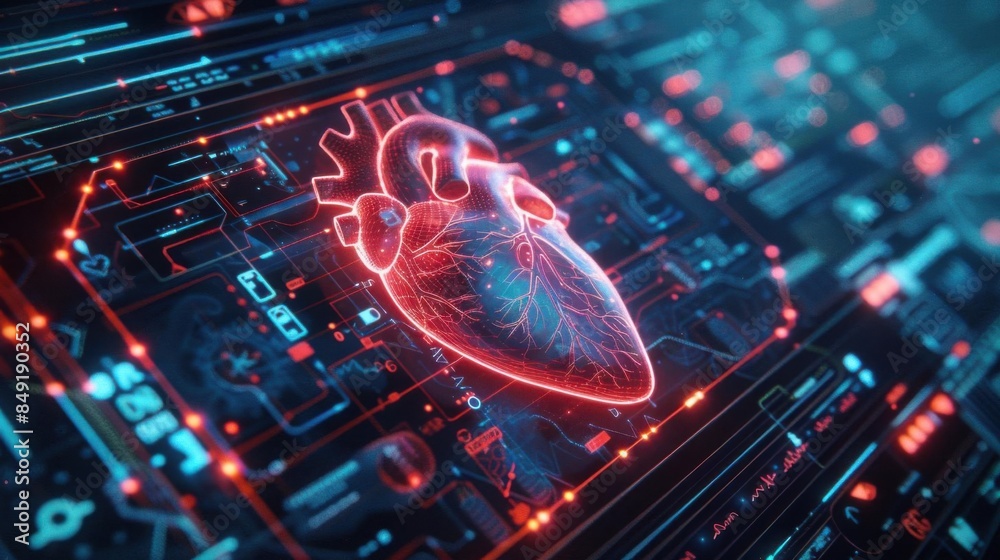 Digital representation of a human heart on a futuristic, high-tech interface with vibrant neon colors and circuit board elements. Digital representation of a human heart on a futuristic, high-tech interface with vibrant neon colors and circuit board elements.