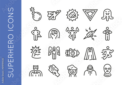 Superhero icons. Set of 20 superhero trendy minimal icons. Example: Bomb, Flying, Fist, Mask, Cape icon. Design signs for web page, mobile app, packaging design. Vector illustration