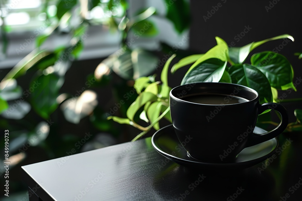 A black coffee cup with a plant on a black table, Generative AI. A black coffee cup with a plant on a black table, Generative AI.