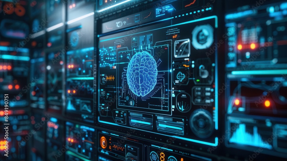 Obraz premium Futuristic data center with advanced AI visualization. High-tech control panels and digital interfaces. Artificial intelligence concept.