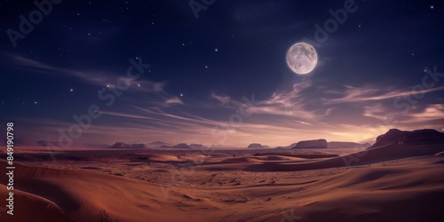 Breathtaking full moon illuminating the desert with stars scattered across the sky, creating a captivating nocturnal landscape photo